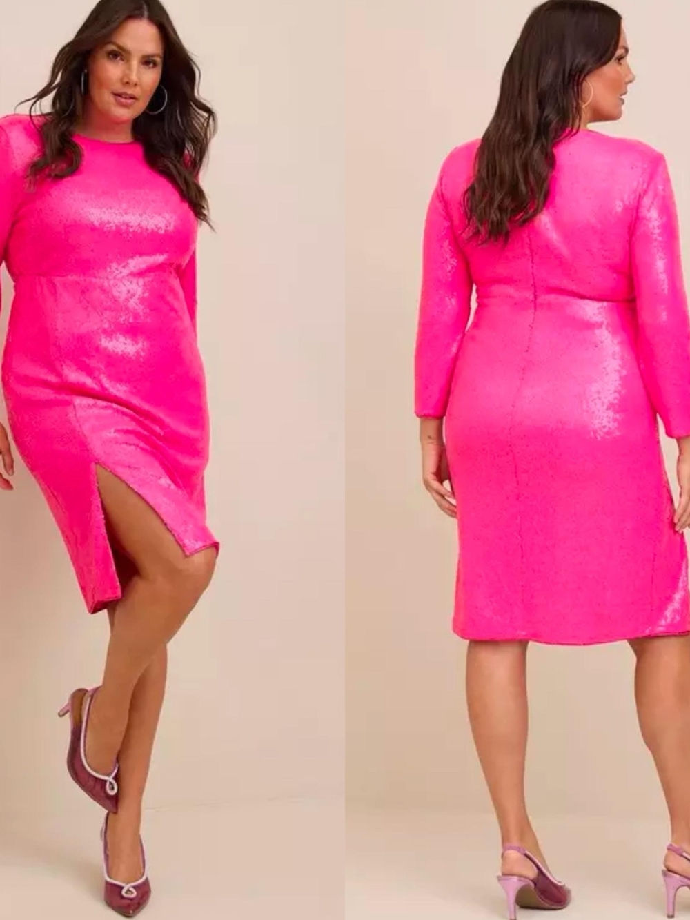 Plus-Size Hot Pink Sequin Midi Dress with Front Slit
